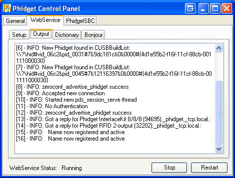 Windows Control Panel WebService Output Running
