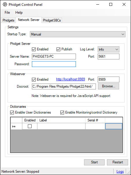 Windows Control Panel WebService Setup