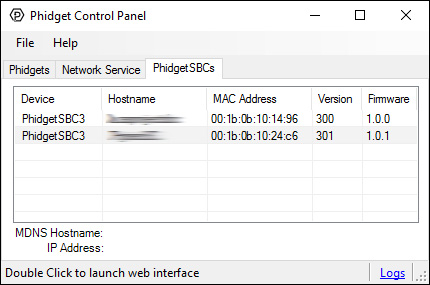Windows Control Panel Network Server PhidgetSBC
