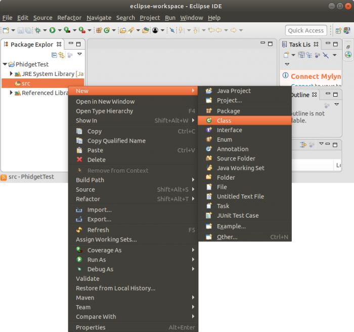 Java eclipse linux newClass menu.png